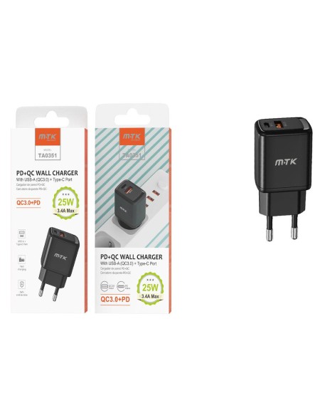 Cargador de red Usb QC3.0 + Type-C / 25W / Negro / TA0351 / 0053512 / MTK