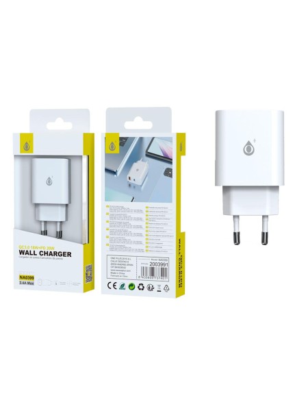 Cargador de red Berta Usb QC3.0 + Type-C / 20W / 3.4 A / Blanco / NA0399 / One+