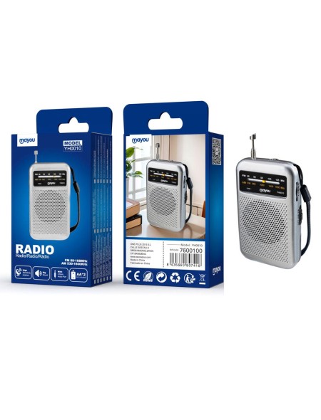 Radio portatil Am-Fm con Antena YH0010 / Altavoz externo / Jack 3.5mm / Plata / Mayou / 7600100
